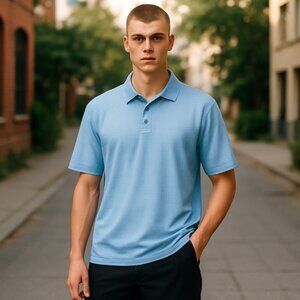 DOCKERS Men's Polo Golf Shirt Size XL Light Blue Grid Pattern Collar